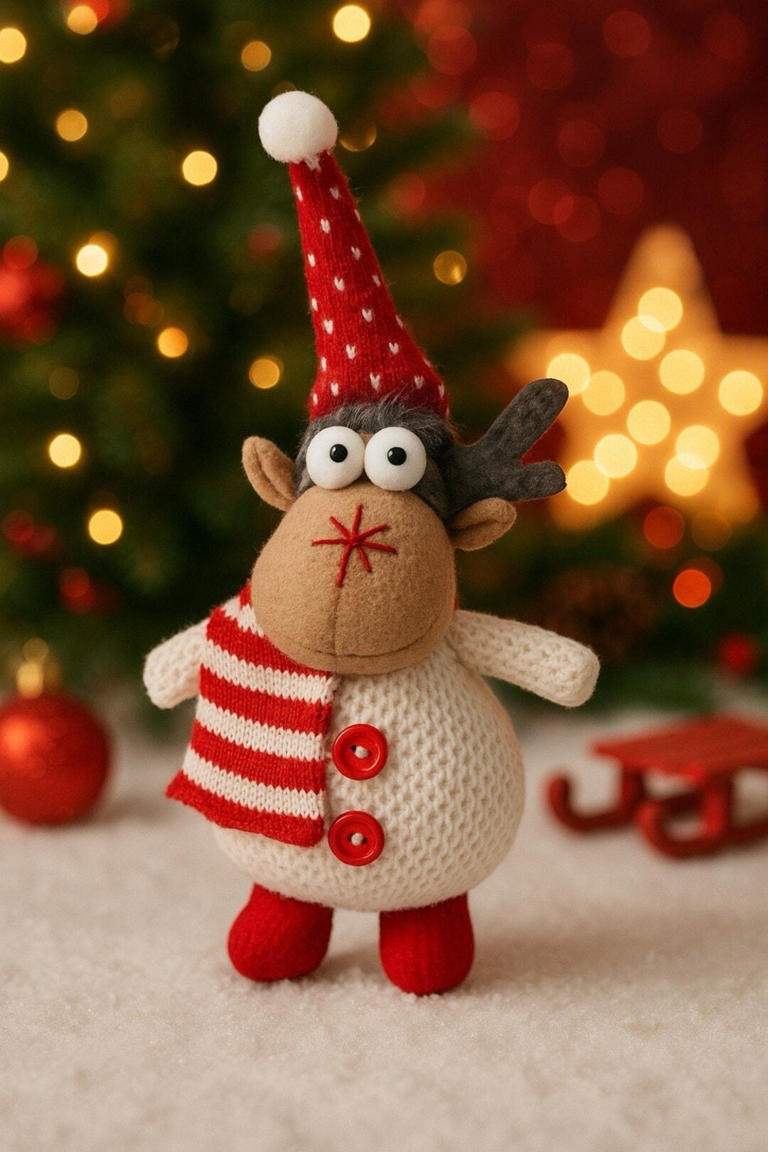 Vintage Christmas Moose Plush 9” Knit Red White Scarf Hat Holiday