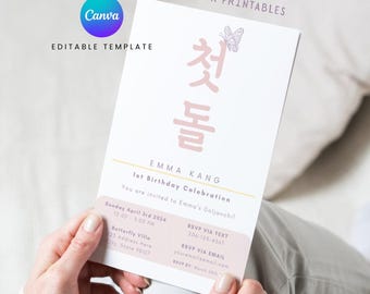 Butterfly 1st Birthday Invitation | Korean Dohl Party (Canva Template)