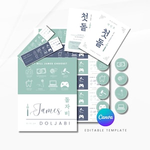 Conjunto completo para el primer cumpleaños de Dohl / Tema de Norigae azul / Fiesta tradicional coreana para bebés / 첫돌 잔치 / Paquete de plantillas personalizables de Canva / Archivo digital