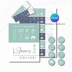 Doljabi 1st Birthday Bundle | Blue Norigae Theme | Korean Traditional Raffle Tix & Poster | 첫돌 돌자비 | Customizable Canva Template | DIGITAL