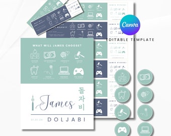 Set di Doljabi Norigae blu navy / Set di giochi per il primo compleanno in stile coreano Doljanchi / Poster per la lotteria e etichette per barattoli / Modelli Canva modificabili