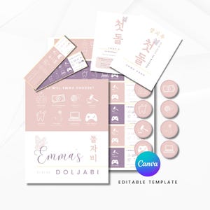 Conjunto completo para el primer cumpleaños de Dohl / Temática de mariposas / Fiesta tradicional coreana para bebés / 첫돌 잔치 / Paquete de plantillas personalizables de Canva / Archivo digital