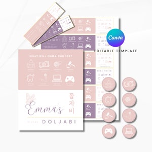 Paquete de primer cumpleaños de Doljabi / Temática de mariposas / Boletos y póster de rifa tradicional coreana / 첫돌 돌자비 / Plantilla Canva personalizable / DIGITAL