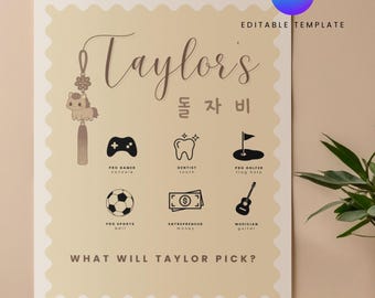 Hand Drawn Year of Horse Zodiac Korean Norigae Doljabi Poster Signs | First Birthday Printable | Custom Name Doljabi Chart | Canva Template