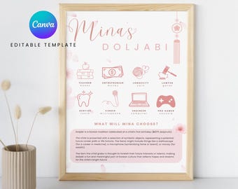 Doljabi 1st Birthday Poster | Pink Sakura Cherry Blossom Theme | Korean Dol | 첫돌 잔치 돌자비 | Customizable Canva Sign Template | DIGITAL FILE