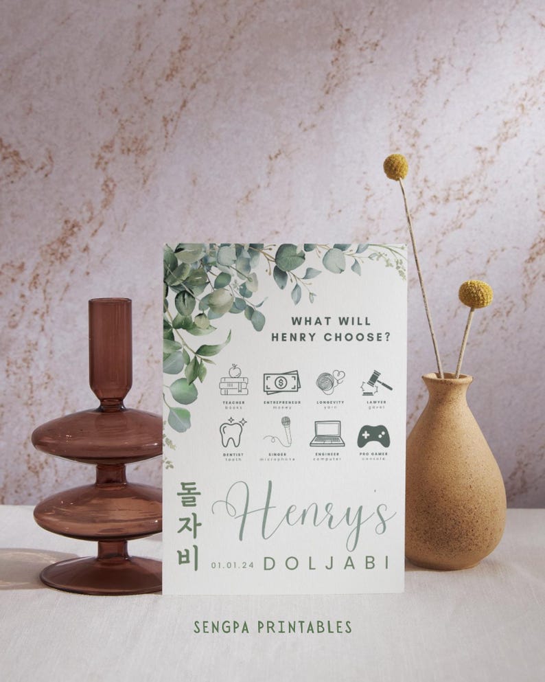 Doljabi 1st Birthday Poster | Green Eucalyptus Theme | Korean Traditional Dohl | 첫돌 잔치 돌자비 | Customizable Canva Sign Template | DIGITAL FILE