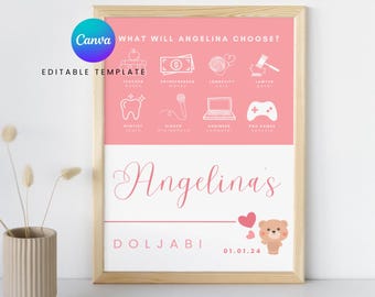 Orsetto dal cuore rosa / Poster Doljabi / Cartello per il primo compleanno in stile coreano Doljanchi / 돌잡이 / Decorazioni per il primo compleanno in stile coreano / Modello Canva modificabile