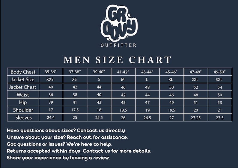 May include: A men's size chart with measurements in inches for body chest, jacket size, jacket chest, waist, hip, shoulder, and sleeves. The chart includes sizes from XXS to 3XL.