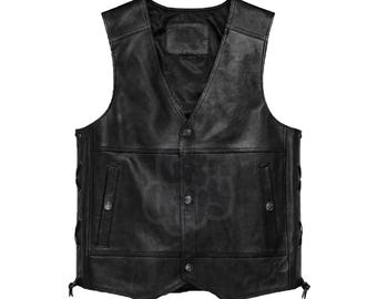 Black Leather Biker Vest: Motorcycle Style, Side Lace, Snap Closure, Adjustable Fit