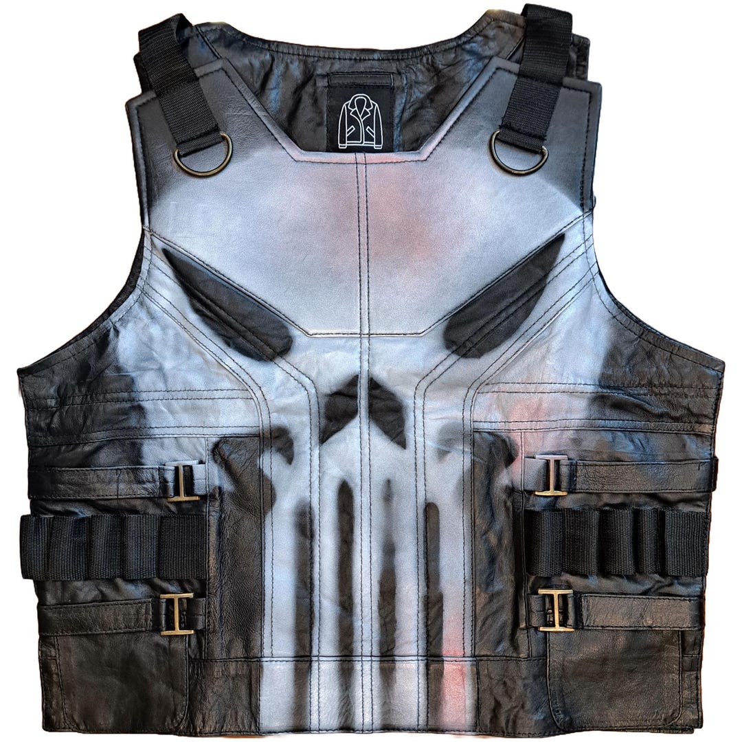 Men's Black Punisher Skull Leather Vest: Halloween Cosplay Biker