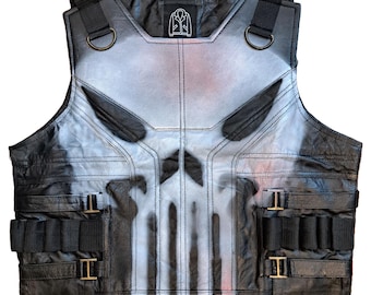 Men's Black Punisher Skull Leather Vest: Halloween Cosplay Biker Vest