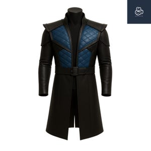 May include: A black long coat with a quilted blue panel on the chest and shoulders. The coat has a belt at the waist and a high collar. The sleeves are long, and the coat is displayed on a black mannequin.