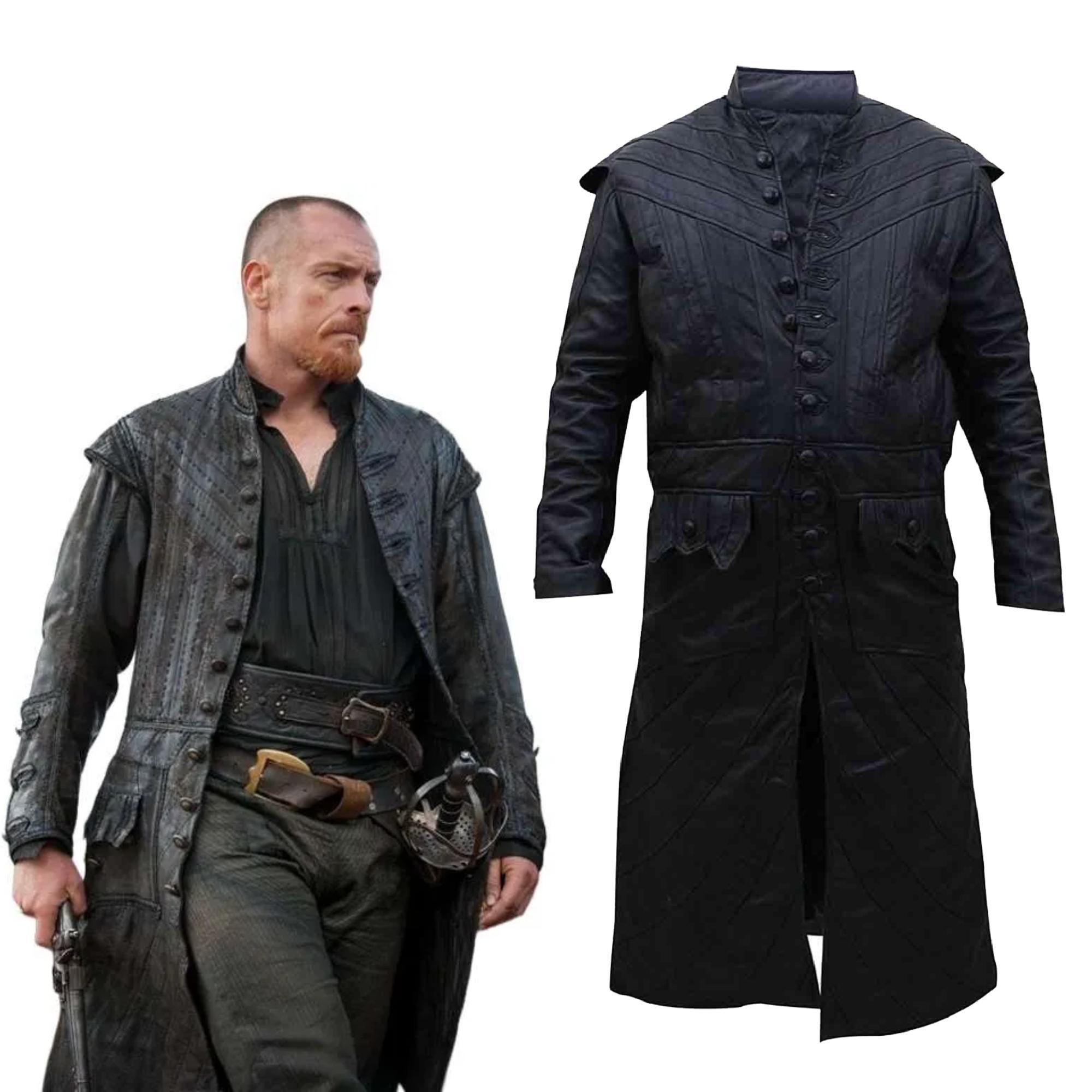 【INCHANT ME】Captain Hood Neck Trench Coat Handmade Black Leather Captain Trench Coat: Winter Long Coat