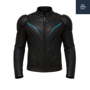 May include: Black leather jacket with blue accent lines and shoulder padding. The jacket has a stand-up collar and a full-length zipper. The design includes a series of angular lines and panels.