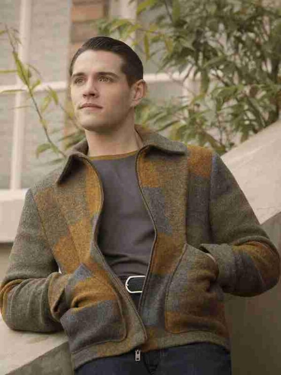 Handmade Men Wool Check Jacket Green and Brown Color Block Blend  