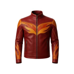 May include: A burgundy leather jacket with a stand-up collar and a full-length zip. The jacket features flame-like orange and yellow accents on the shoulders and sleeves. Two zipped pockets are visible on the front.