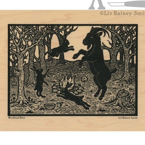 Woodland Rites Black Phillip goat and witch hares on wood veneer