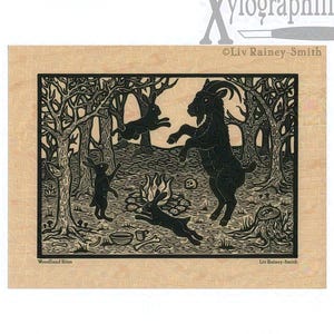 Woodland Rites Black Phillip goat and witch hares on wood veneer