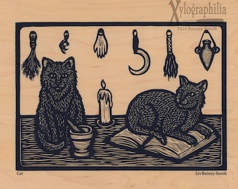 Cat witches’ familiars on 8.5 x 11 maple wood veneer