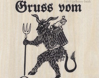 Krampus screen print on natural wood veneer 7x5