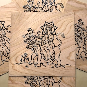 Babalon riding the Beast screenprint on wood veneer 10 x 10