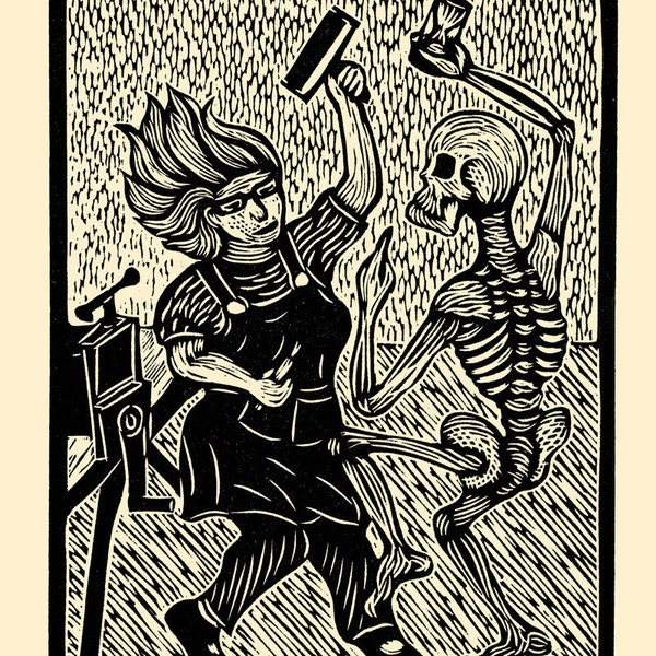 Death and the Printmaker woodcut hand-pulled print 11x14