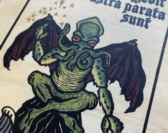 Cthulhu R'lyeh will rise when the stars are right 11 x 8.5 laser print on wood veneer