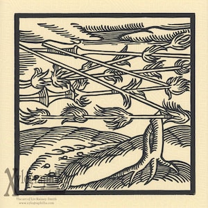 May include: Black and white woodcut print depicting arrows in flight, intersecting across the frame. The artwork features a tree in the foreground and stylized clouds in the background. The print is framed in a black border and includes text at the bottom.