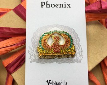 Phoenix fire transformation enameled artist lapel pin