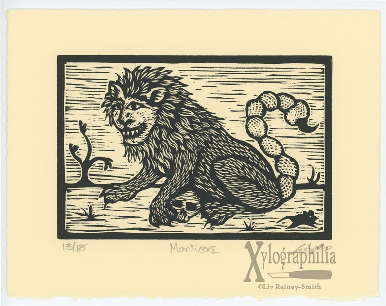 Manticore bestiary woodcut limited edition of 18 signed and matted prints image 1