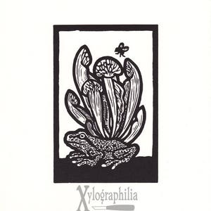 Pacific Tree Frog Woodcut Print, Sarracenia Pitcher Plant Art Insectivores 1st edition signed