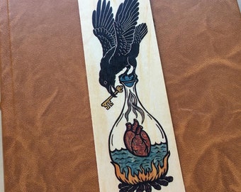 Raven heart woodcut art bookmark 6 x 2 inches