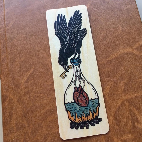 Raven heart woodcut art bookmark 6 x 2 inches