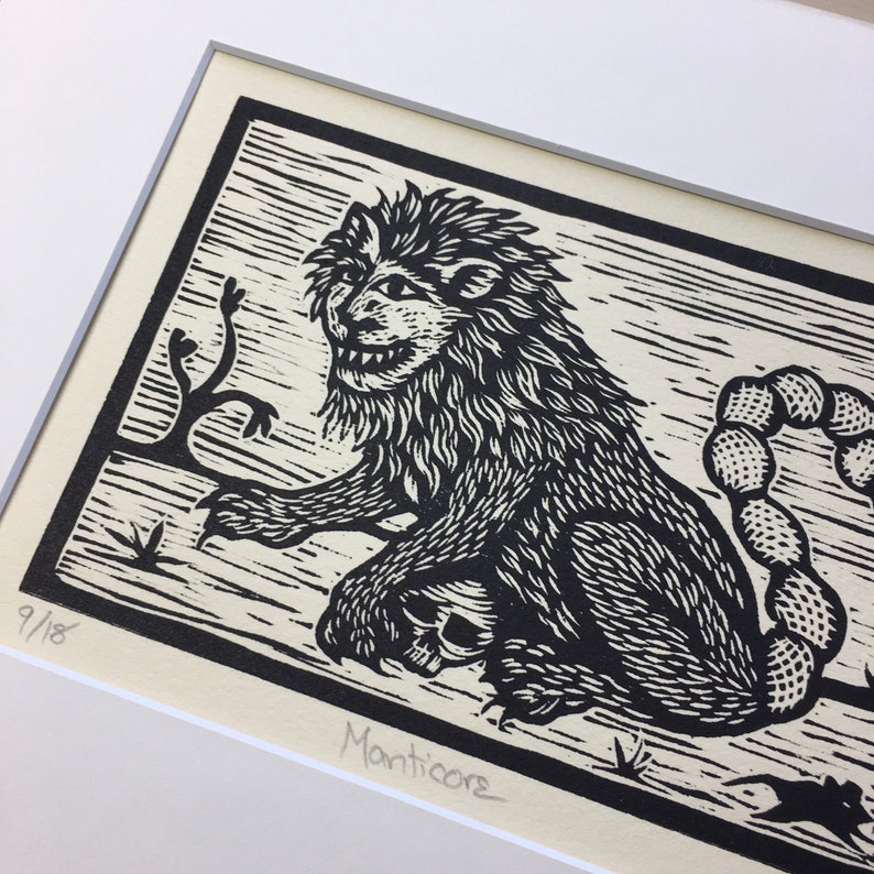 Manticore bestiary woodcut limited edition of 18 signed and matted prints image 2