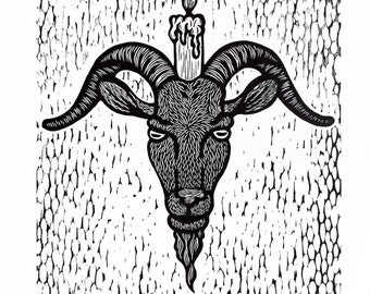 Sabbatic Goat limited edition woodcut fine art print 11 x 14