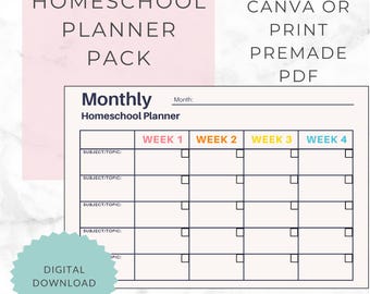 HOMESCHOOL PLANNER PACK Printable and Editable Canva Template, Weekly and Monthly Versions