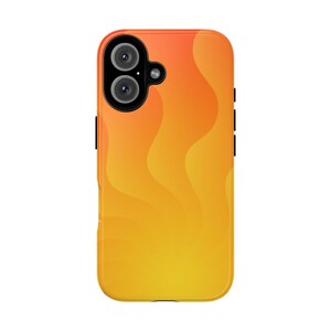 May include: A phone case with a yellow to orange gradient design. It has a dual-lens camera cutout and black side buttons. The wavy pattern gives a modern look to the phone accessory. The case is a stylish phone protector.