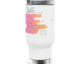 Sunset Palm Graphic Travel Mug | 14oz Stainless Steel Handle