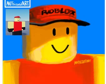 May include: A digital painting of a Roblox character wearing a red hat with the word "ROBLOX" on it, a red shirt, and a yellow face with a smile. The image includes a smaller inset of the character and the "antsizedART" logo.