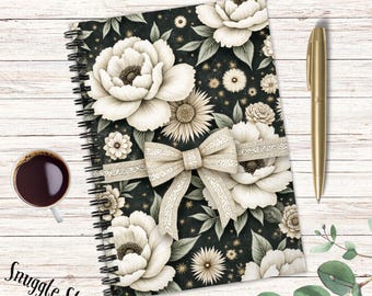 Vintage Floral Ribbon Notebook: Cream Blooms Journal, Lined Pages