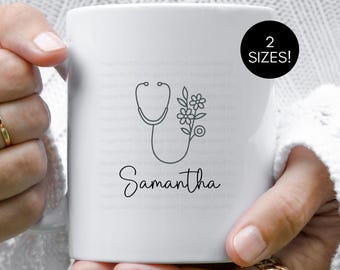 Personalized Nurse Mug, Floral Stethoscope Coffee Cup, Medical Gift