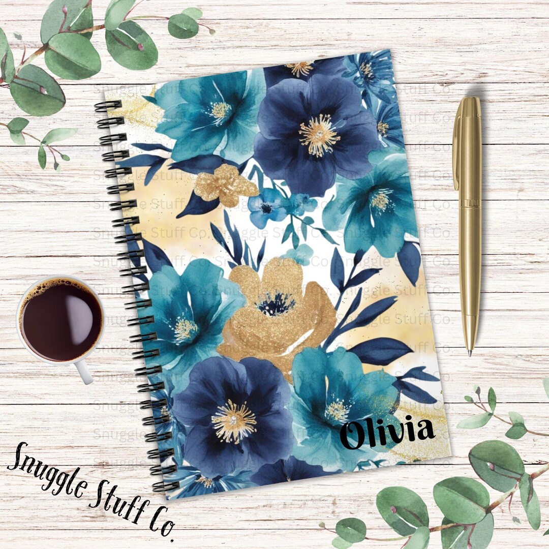 Blue Floral Notebook: Personalized Watercolor Gold Spiral Journal - Etsy