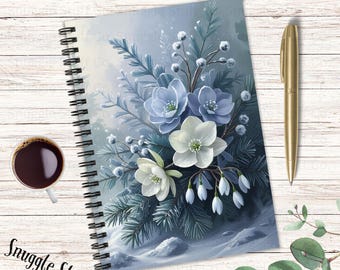 Winter Floral Journal: Blue & White Snow Blooms, Botanical Notebook