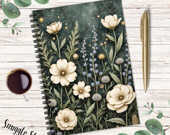 Dark Botanical Journal: Cream Wildflowers & Starry Sky, Vintage Garden