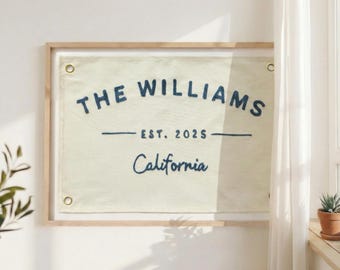 Custom hand embroidered vintage Last Name Flag, Unique wall art Flag, Boho room Dorm decor, Handmade gift, wedding flag, established banner