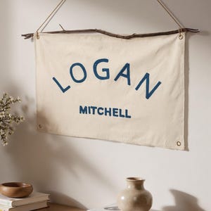 Personalized hand embroidery Baby name flag,nursery name sign,custom name banner,boho nursery decor,Baby shower gift,baby shower canvas sign