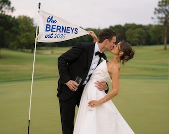 Bandeirola bordada à mão com o sobrenome | Bandeirola personalizada para casamento | Bandeirola para casamento com tema de golfe
