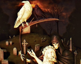 Dark and Spooky Graveyard Cemetery with Death and Life Statuary & Ravens on Scythe Art Print - Multiple Sizes Available - "Ravens' Grave"