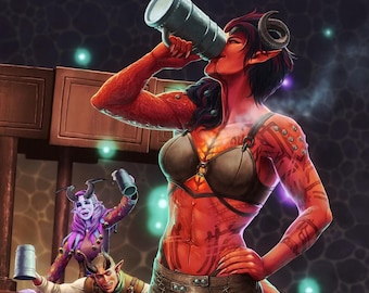 The Fiery Barbarian & Friends Drinking at the Inn Art Print - Multiple Sizes Available - "Letting Off A Little Steam"