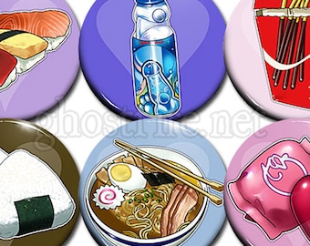 Otaku Foods Cutesy Chibi 1.75" Pin-Backed Buttons or Magnets - Set of 6